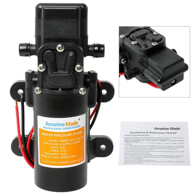 Amarine Made Fresh Water Pump Self Priming Sprayer Pump Water Pressure Pump 12V DC 1.2 GPM 35 PSI Diaphragm Pump for Caravan RV Marine Fishing Boat - Image 1